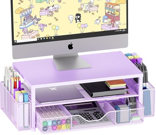 OPNICE Desk Organizer and Accessories, 2-Tier Computer Monitor Stand Riser with Drawer and 2 Pen Holders, Laptop Stand, Office Desk Accessories for Office Supplies, Purple