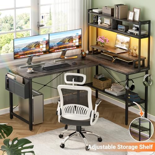 Aheaplus L Shaped Gaming Desk with Power Outlets & LED Lights, Black Oak