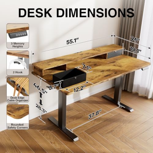 Veken 55x26 in Electric Standing Desk with Drawers, Adjustable Table, Brown