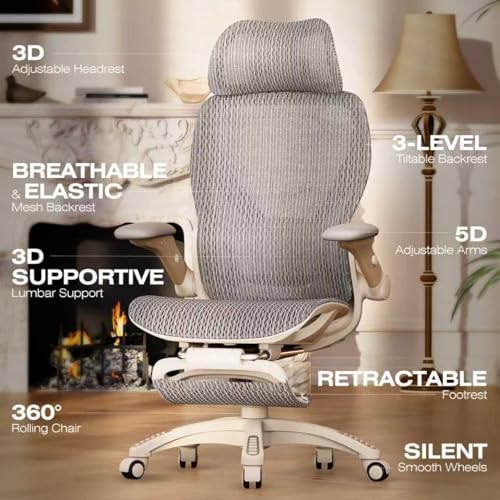 ELABEST X100 Ergonomic Mesh Office Chair with Footrest, Big and Tall Home Desk Chair with 5D Flip-Up Arms, Adjustable 3D Lumbar Support, Gaming & Executive Computer Chair (Foggy Morning)
