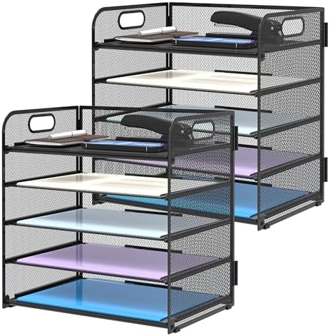 Supeasy 2 Pack 5-Tier Desk Organizer with Handle Mesh Desk File/Paper Organizer Letter Tray for Office, School, Classroom and Home Easy Installation, Black