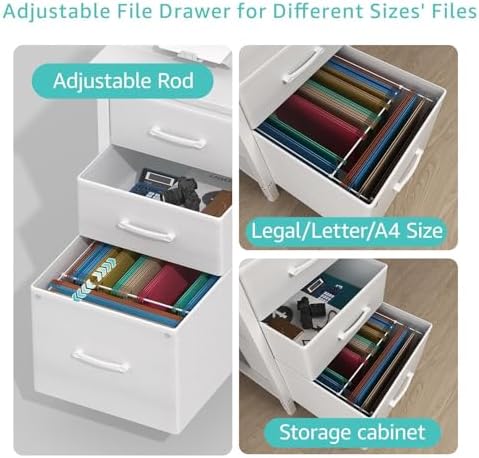 Lufeiya White Computer Desk with Fabric File Drawers Cabinet, 55 Inch Reversible Desks with Storage Filing Cabinet for Home Office, Modern Writing Table PC Desks for Bedroom, White