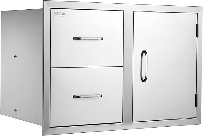 VEVOR Outdoor Kitchen Door Drawer Combo, 32.5"Wx21.7"Hx20.5"D, Access Door Double Drawers with Paper Towel Rack, BBQ Island Drawers with Stainless Steel Handles, 30.7"Wx20"Hx21"D Cutout Size