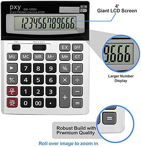 Desk Calculator 12 Digit Extra Large LCD Display, Touch Comfortable with Big Buttons, PXY Two Way Power Battery and Solar Standard Function Office Calculators