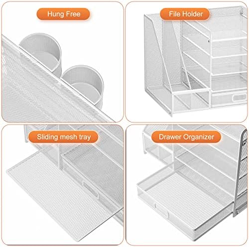 Marbrasse Desk Organiser with File Holder, 5-Tier Paper Letter Tray Organiser with Drawer and 2 Pen Holder, Mesh Desktop Organizer and Storage with Magazine Holder for Office Supplies(White)