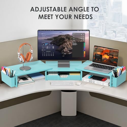 Desk Organizers and Accessories, Dual Monitor Stand Riser with Drawer and 2 Pen Holders, Desk Shelf Computer Racks for Office Workspace Organizers, Desktop Organization (Blue)
