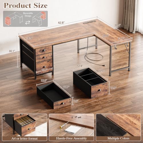 Furologee 55" L Shaped Desk with Power Outlets & USB-C Port, Reversible Corner Office Desk with File Drawers, Work Study Gaming Table for Home Office, Dorm, Rustic Brown