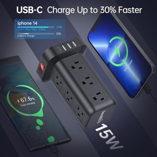 Extension Cord with Multiple Outlets, SMALLRT Power Strip Tower, Outlet Extender with 12 AC Outlets 4 USB, 6.5FT Extension Cord for Home Dorm Room, Office Supplies,Overload Protection