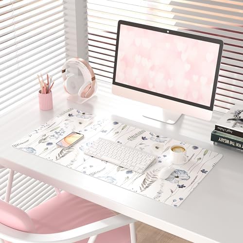 QiyI PU Leather Large Mouse Pad, Office Decor, 31.5" x 15.7", Blue Flowers