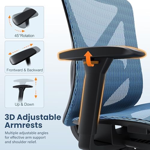 Ergonomic Office Chair, Mesh Computer Desk Chairs with BIFMA X5.1 Certified, Adjustable Lumbar Support, 3D Arm, Tilt Back, Wide Seat, Comfy Swivel Work Task Chair for Company and Home (Azure Blue)