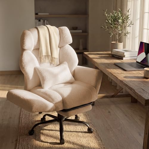 Office Chair with Flip Armrests,Big and Tall Office Chair with Foot Rest,Extra Wide Seat & Lumbar Pillow,Ergonomic Computer Gaming Chair,Comfy Criss Cross Chair for Pets Sitting,Teddy Fleece,Beige