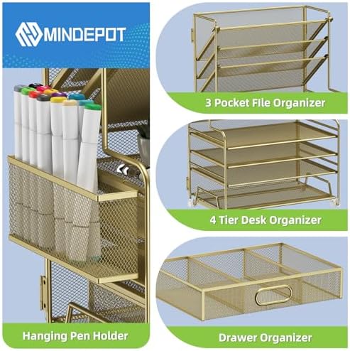MINDEPOT 4-Tier Paper Organizer + 3-Pocket File Holder + Drawer + Pen Holders, Desktop File Organizers Paper Tray for Office Supplies School Classroom Organization (Gold, with Drawer & Pen Holder)