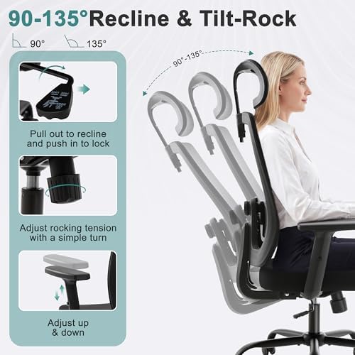 Shintenchi Mesh Office Chair, Ergonomic Home Office Desk Chair with Adjustable Lumbar Support, Headrest, 90°-135° Tilt, Computer Chair for Home Office, Black Task Chair