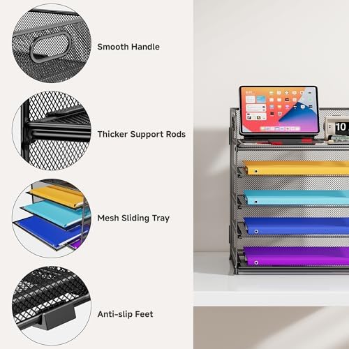 Cawukege 5 Tier Paper Organizer with Handle, Black Metal Mesh Desk Organizer File Folder Paper Letter Tray Desktop Document Sorter for Classroom, School, Office Accessories Organization and Storage