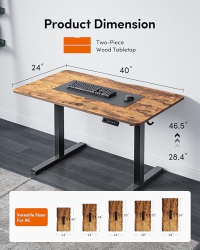 FEZIBO 40 x 24 Inchs Electric Standing Desk, Height Adjustable, Sit Stand Up, Computer Office Desk with Splice Board, Black Frame/Rustic Brown Top