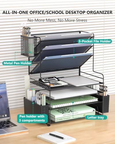 WALI Desk File Organizer, 7 Tier Desktop Paper Letter Tray Organizer with Drawer and 3 Pen Holders, Office Desk Accessories & Workspace Organizers for Office, Home, School Supplies, 1 Pack, Black