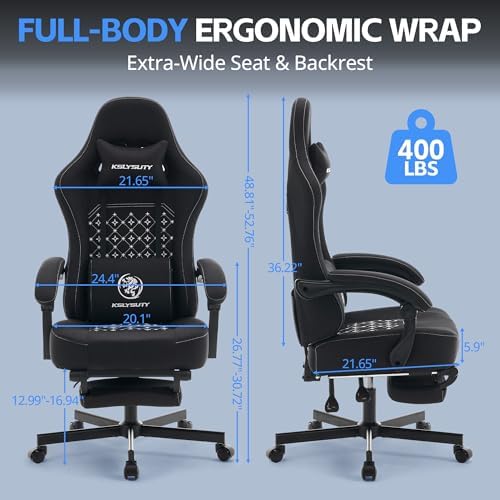 Desk Computer Gaming Chair - Ergonomic Game Office Chair with Extended Footrest and Massage Lumbar Support, Home Gamer Video Game Chairs with Spring Cushion for Adults (Pro Black Fabric)