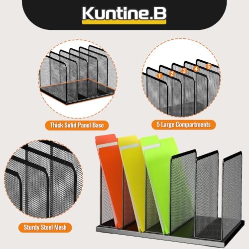 Kuntine.B Desk File Organizer Upright Mesh Desktop Organizer File Sorter Office Organization File Holder for Home, Office & Classroom (Black, 2 Pack 5-Section)