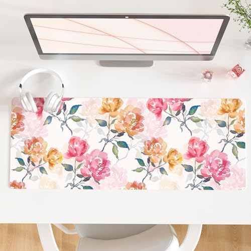 QiyI PU Leather Large Mouse Pad, Office Desk Mat, 31.5" x 11.8", Peonies
