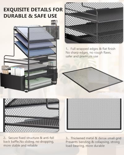 WALI Desk File Organizer, 7 Tier Desktop Paper Letter Tray Organizer with Drawer and 3 Pen Holders, Office Desk Accessories & Workspace Organizers for Office, Home, School Supplies, 1 Pack, Black
