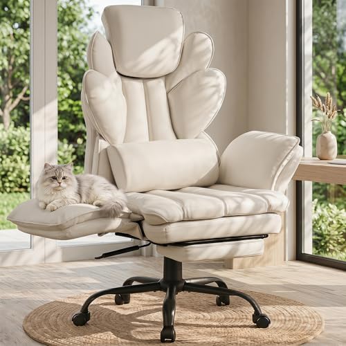 Flip Armrests Criss Cross Office Chair, Reclining Office Chair with Foot Rest, Adjustable Headrest, Massage Waist Pillow, Cross Legged Big and Tall Desk Chair Wide Seat Vanity Chair, Beige PU Leather