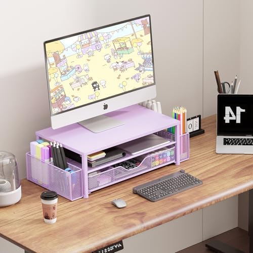 OPNICE Desk Organizer and Accessories, 2-Tier Computer Monitor Stand Riser with Drawer and 2 Pen Holders, Laptop Stand, Office Desk Accessories for Office Supplies, Purple