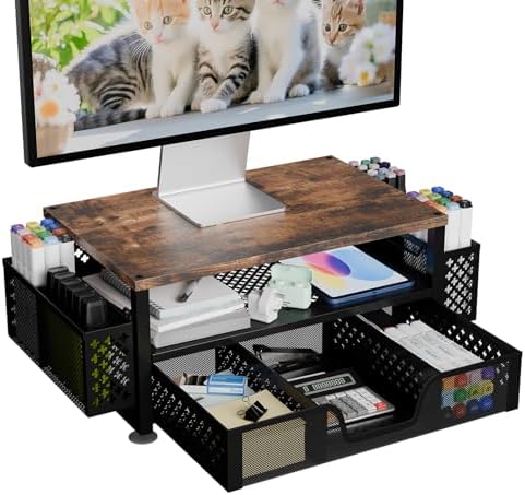 Simple Trending Monitor Stand with Drawer, 2-Tier Laptop Stand, Wood