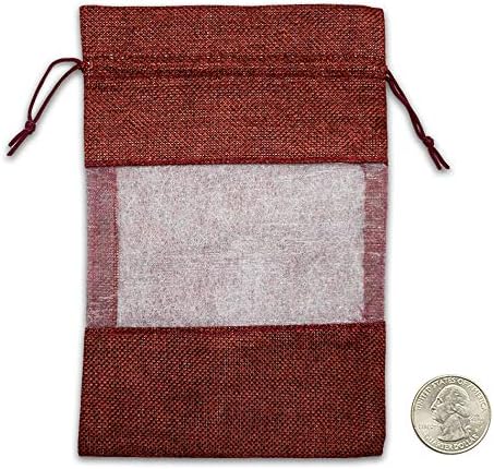 12-Pack Small Linen Burlap & Organza Gift Bags w. Drawstrings (3.5x5.5 in, Maroon) - Party Favors, Presents, Samples & Treats Mesh Pouch by The Display Guys