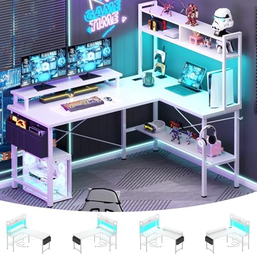 Aheaplus L Shaped Gaming Desk with Power Outlets & LED Lights, White