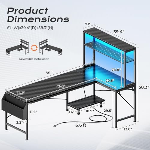 PRAISUN L Shaped Gaming Desk with LED Lights & Power Outlets