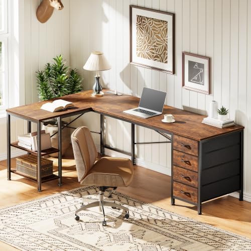 Huuger 55 Inch L Shaped Desk with Fabric Drawers, Reversible Computer Gaming Desk with Power Outlets and USB-C Port, Adjustable Side Storage Shelves, for Work Corner Home Office, Rustic Brown