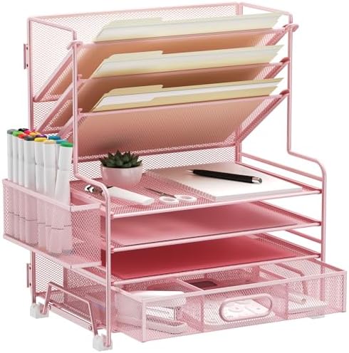 MINDEPOT 4-Tier Paper Organizer + 3-Pocket File Holder + Drawer + Pen Holders, Desktop File Organizers Paper Tray for Office Supplies School Classroom Organization (Pink, with Drawer & Pen Holder)