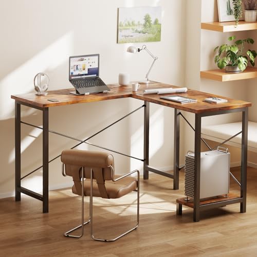 DUMOS 50-Inch Reversible L Shaped Desk with CPU Shelf, Brown