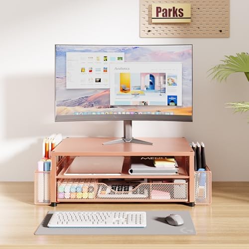 OPNICE Desk Organizer and Accessories, 2-Tier Computer Monitor Stand Riser with Drawer and 2 Pen Holders, Laptop Stand, Office Desk Accessories for Office Supplies, Rose
