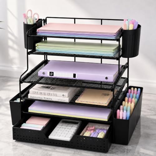 OPNICE Desk Organizer, 6-Tier Desktop File Organizer with Drawer and Pen Holders, Office Desk Accessories, File Sorters, Workspace Organizers for Office Supplies(Black)