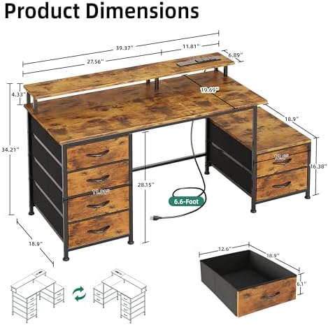 52 Inch Office Desk with 6 Drawers and Printer Space for Storage, Reversible Computer Desk with Monitor Stand & Power Outlets, Home Office Desks, Vintage Brown