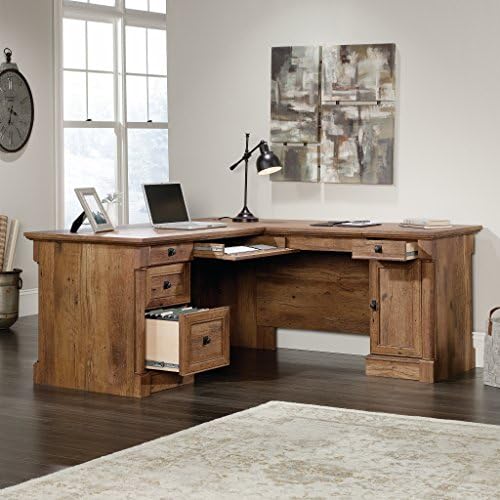 Sauder Palladia L Shaped Desk with Drawers, Office Desk with File Cabinet Storage, Cable Management, Keyboard Tray, in Vintage Oak Finish