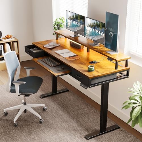 AODK 63 Inch Standing Desk with Drawers & Keyboard Tray, Rustic Brown