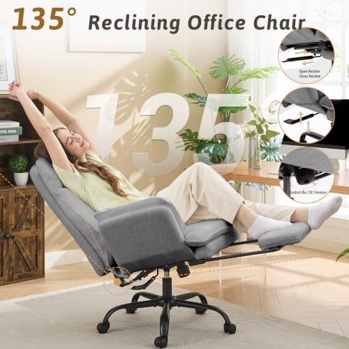 Wider Seat Office Chair with Flip Armrests for Criss Cross Legged&Cats, Big and Tall Executive Ergonomic Reclining Chair with Footrest&Lumbar Pillow, Teddy Fleece Desk Chair,Grey Vanity Chair