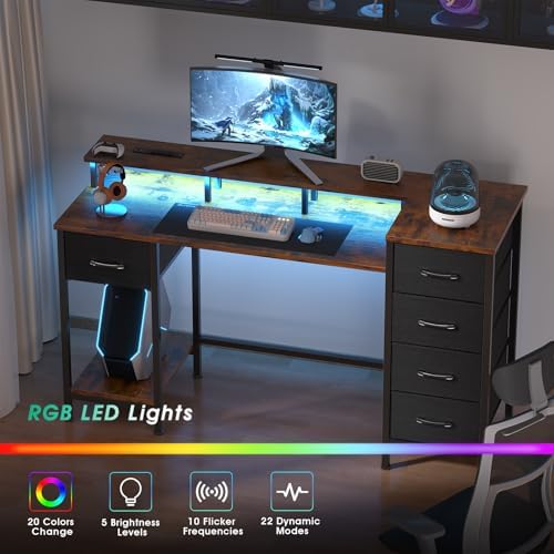 Korfile 47 Inch Computer Desk with Power Outlets,LED,5 Drawers,Rustic Brown