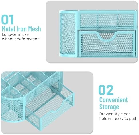 Mesh Desk Organizer with Drawer, 9-Compartment Pen Holder for Desk, Blue