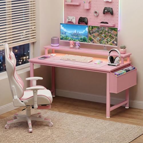Lufeiya Girls Desk with Power Outlets and LED Lights, 40 Inch Gaming Desk Table with Charging Station, Home Office Computer Desks with Monitor, Pink