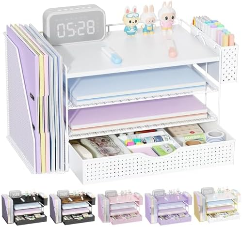 Wood Desk Organizers and Accessories with File Holder, 4-Tier Desk Accessories & Workspace Organizers with Drawer and Pen Holder, Desk Reference Organizer (White, 4T with Drawer)