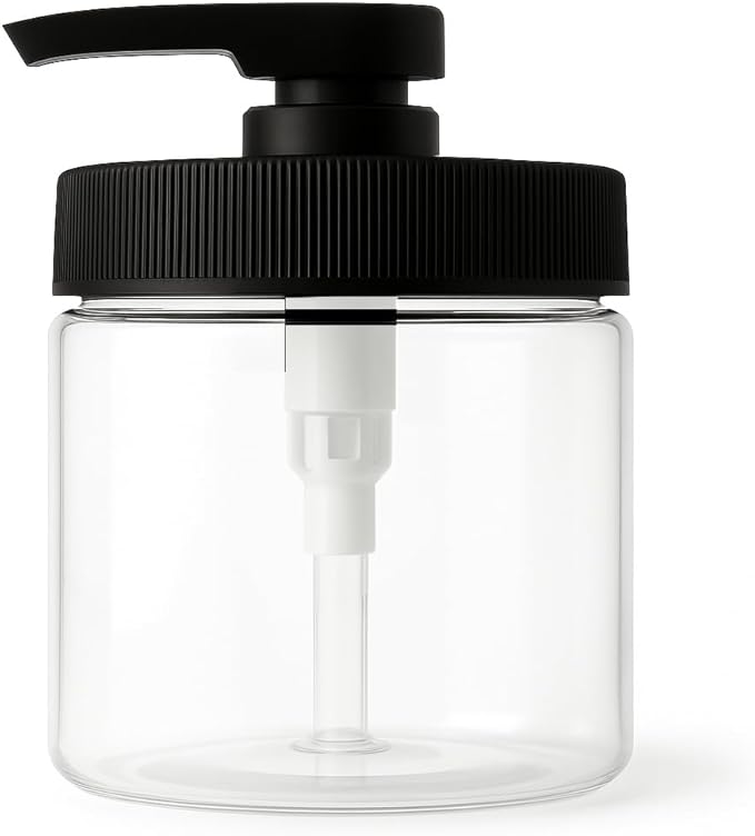 Royal Massage 16oz Refillable Pump Jar with Locking Dip Tube Dispenser – BPA-Free Plastic Container for Massage Oils, Lotions, Creams – Ribbed Lid Wide-Mouth Jar – Durable & Reusable (Clear/Black, 12)