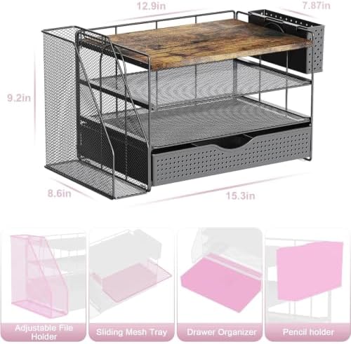 Wood Desk Organizers and Accessories with File Sorters, 4-Tier Desk Accessories & Workspace Organizers with Drawer and Pen Holder, Desk Reference Organizer (Wood, 4T with Drawer)