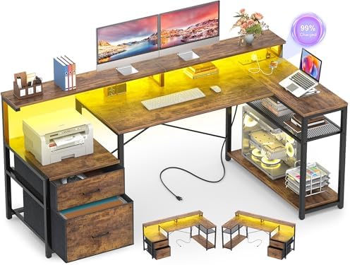 Aheaplus L Shaped Desk with File Drawer, Reversible L Shaped Gaming Desk