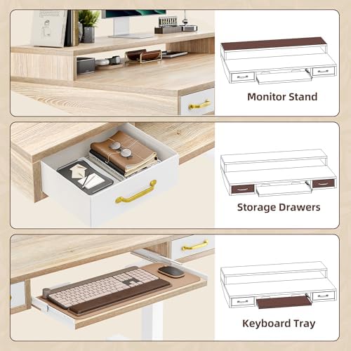 TIQLAB Standing Desk with Two Drawers, Stand Up Standing Desk Adjustable Height, Electric Sit Stand Table with Storage Shelf and Splice Board, with LED Light, 47 * 28 inch, Maple