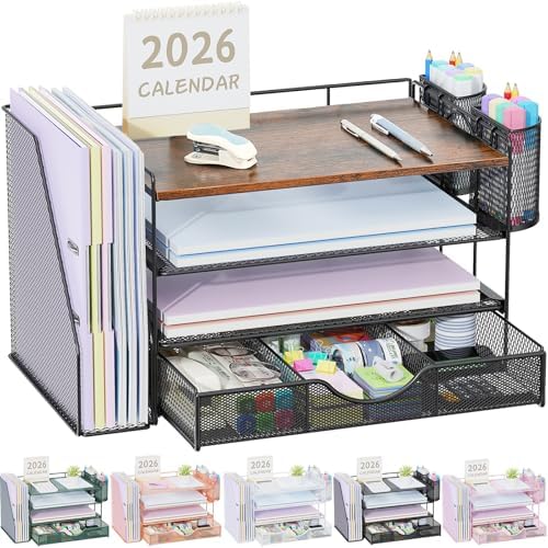 gianotter Desk Organizers and Accessories with File Holder, 4-Tier Desk Accessories & Workspace Organizers with Drawer and 2 Pen Holder, Paper Organizer for Office Supplies (Wood)