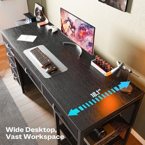 Huuger Computer Desk with 6 Drawers, Office Desk with Shelves, Reversible Gaming Desk, Corner Desk with Storage, Work for Home Office, Study, Living Room, 54inch, Black