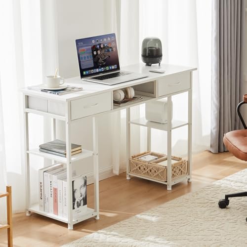 DUMOS 48-Inch Computer Desk with Drawers and Hook, White